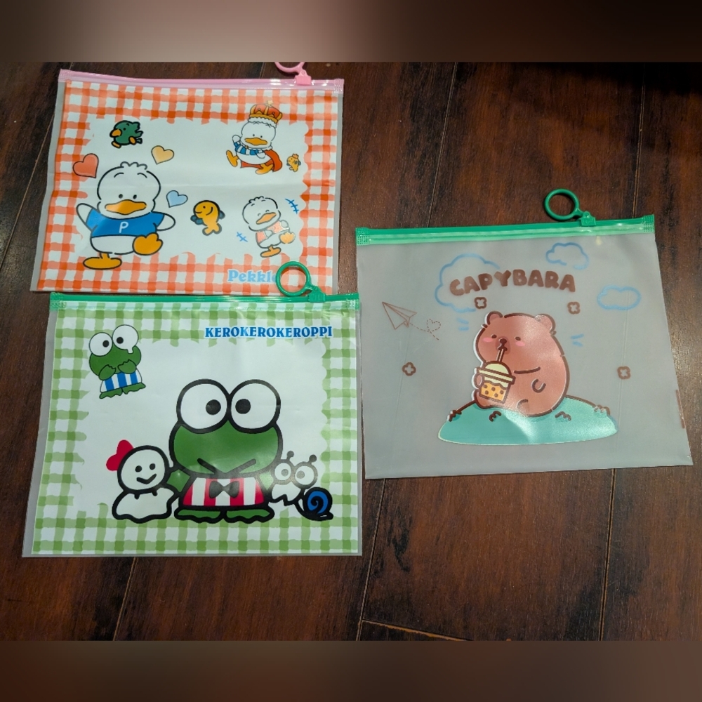 🦋 3 Reusable Lunch Bags Cute Character Zipper Pouches